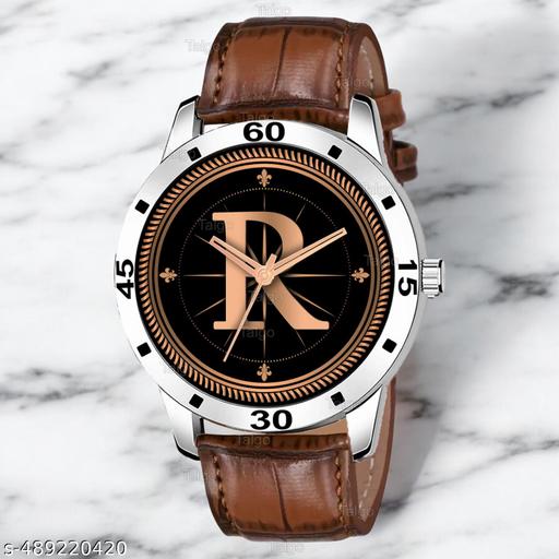 Krolexe Analog Round Black Dial ALPHABET R Design Stylish Brown Leather Strap Classic Design Fancy Wrist Watch for Men and Boys, Pack of 1 - ALP-R-AVO-SIL-DBRW-CRL