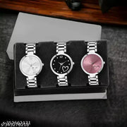 TRENDING MULTI-COLOR ((SILVER BLACK PINK) DIAL ANALOG SILVER STAINLESS STEEL STRAP 3 COMBO WATCH ,