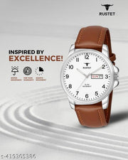 RUSTET Analog New Track Number Dial Day Date Functioning Leather Strap Watch for Men