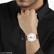 White Number Dial Brown Leather Analog Watch - For Men