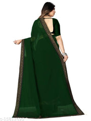 Rovilo Fashion Women's Georgette Hot-Fix Daimod Woven Party Wedding Saree Green Color D416