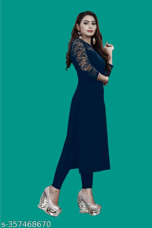 Casual American Crepe And Net Round-Neck 3/4 Length Sleeves Navy Blue Kurti (42"Inches)