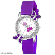 Analogue Butterfly Dimond Studded Flower Design Dial PU Strap Analog Girl's and Women's Watch