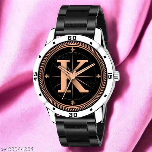 Welix Analog Round Black Dial ALPHABET K Design Stylish Black PU Strap Classic Design Fancy Wrist Watch for Men and Boys, Pack of 1 - ALPHA-K-AVO-SIL-CDBLK