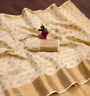 Top trending latest party wear/wedding Women's Jacquard Weaving Cotton Silk Saree with Elegant Border | Beige Color Traditional Saree for Wedding, Festive & Party Wear
