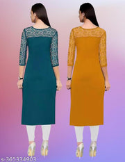 Pack of 1 Casual American Crepe And Net Round-Neck 3/4 Length Sleeves Rama & Yellow Kurti (42"Inches)
