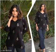 SANGOURI BLACK WOMAN KURTI  STYLISH  FLOWER PATTERN
