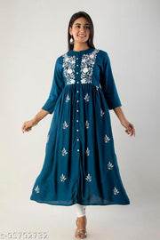 Womens Rayon embroidery long flared kurta, aline kurta, long kurti, anarkali kurti, full embroidered kurta, partywear kurta, dailywear kurta