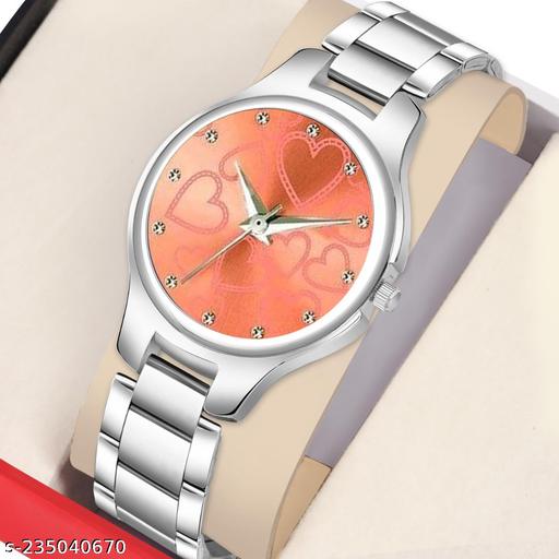 HRV Rose Gold Heart Dial Metal silver Belt Girls Watch