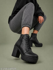 KLIEV PARIS | Women's Black Ankle Length High Block Heel Platform Boots | Front Lace-Up & Side Zipper Heeled Boots with Heavy Anti-Skid Lug Sole for Girls