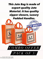 Printed Eco-Friendly Tribal Canvas Print Jute Bag/Shopping Bag/Grocery Bag with Zip Closure (orange), Pack of 3