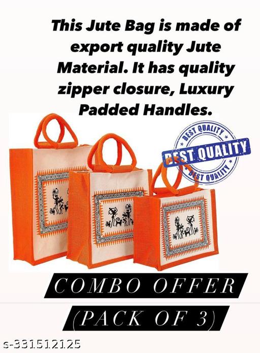 Printed Eco-Friendly Tribal Canvas Print Jute Bag/Shopping Bag/Grocery Bag with Zip Closure (orange), Pack of 3