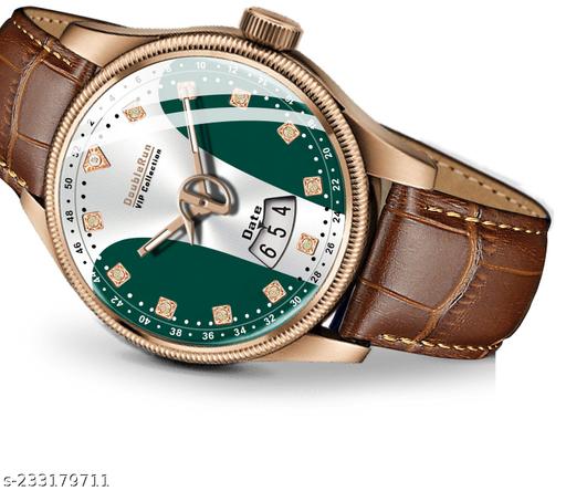 3D Glass Date Display Multi Colour Dial Leather Strap Analog Watch - For Men