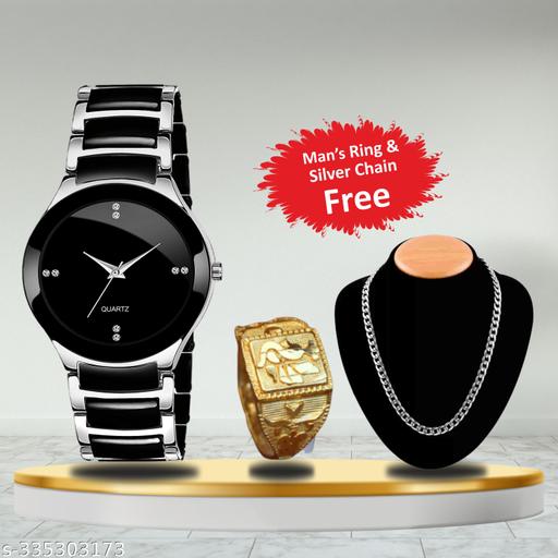 Silver Chain+Ring With IIK Silver Analog Watch