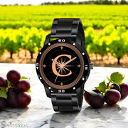 Femeo Analog 9112 Watches Round Black Dial C Design Stylish Black PUU Strap Classic Design Fancy Wrist Watch for Men and Boys, Pack of 1 - A07ZALPHA-C-AVO-BLK-CDBLK