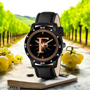 Femeo  Analog 9109 Watches Round Black Dial F Design Stylish Black Leather Strap Classic Design Fancy Wrist Watch for Men and Boys, Pack of 1 - A07ZALPHA-F-AVO-BLK-L