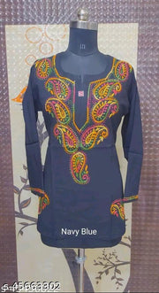 Aagyeyi Pretty chikankari handwork embroidered multi thread blue short cottonKurtis