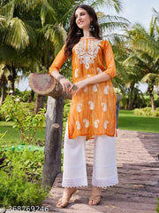 Women's Orange  Georgette Embroidered  Kurta