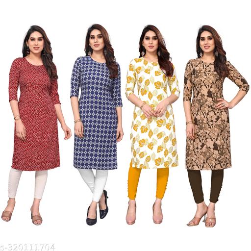 Women Printed Crepe Straight Kurti Combo of 4