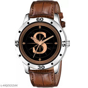 Talgo Analog Round Black Dial ALPHABET S Design Stylish Brown Leather Strap Classic Design Fancy Wrist Watch for Men and Boys, Pack of 1 - ALPHA-S-AVO-SIL-DBRW-CRL