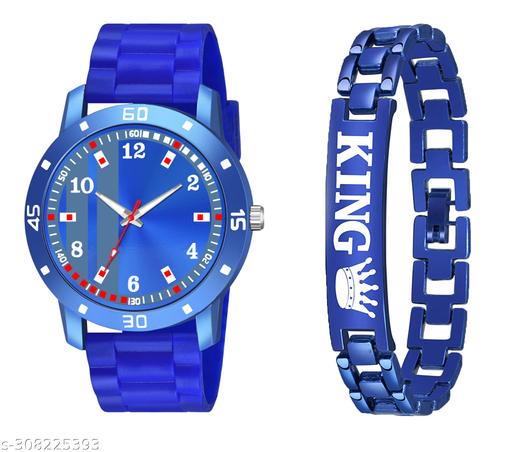 New AeviyoCase Blue Pata Dial Blue NEW PU Strap With King Bracelet Watch For Men,Boys