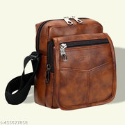 Zerus Fashionable Tan Faux Leather Cross Body Bag with Multi-Zipper Compartments for Men & Women Messenger Bag
