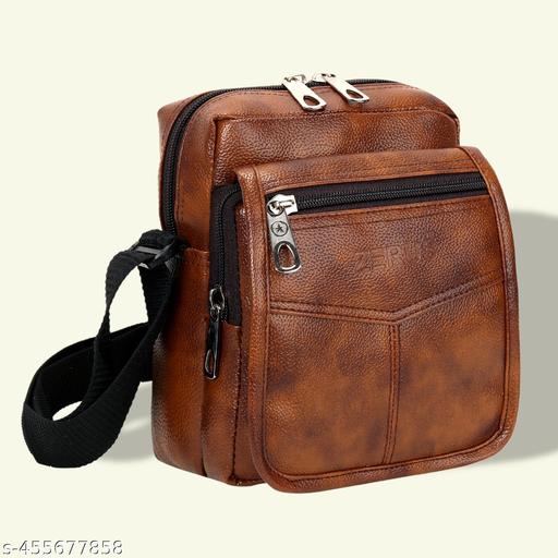 Zerus Fashionable Tan Faux Leather Cross Body Bag with Multi-Zipper Compartments for Men & Women Messenger Bag