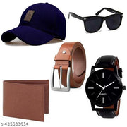 pack of 5 combo fashoinable accessories for men and boys solid printed baseball cap leather watch belt wallet glasses