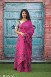 Jaipuri Hand Block Printed Soft Cotton Mulmul Saree ,Sanganeri Cotton Malmal Saree, Bagru Cotton Saree, Batic / Batik Print Cotton saree In Super Fine 92*80 Fabric Quality With Attached Blouse Piece for Woman