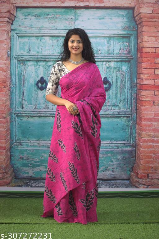 Jaipuri Hand Block Printed Soft Cotton Mulmul Saree ,Sanganeri Cotton Malmal Saree, Bagru Cotton Saree, Batic / Batik Print Cotton saree In Super Fine 92*80 Fabric Quality With Attached Blouse Piece for Woman