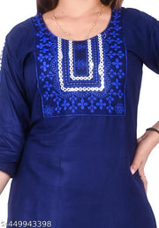 Women's Cotton Embroidered Teal Straight Kurti For Office/Party Wear