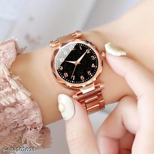 Unique Latest Trends Analog Black Starry Sky Shiny Dial Stainless Steel Strap Analog Watch For Women And Girls Luxury Watch Rose Gold Premium Linked Chain Strap 2025 New Arrivals Luxury Watches For Women Everyday Versatile Watches
