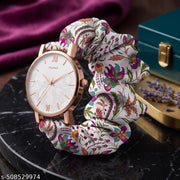 Scrunchie Bands Watch for Women & Girls Scrunchies Watch Classic Flower Dial & Unique Scrunchies Watches Strap Cloth Soft Pattern Solid Fabric Wristband Watch Combo Pack of 2
