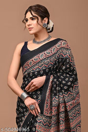 Traditional Women's Summer Special Jaipuri Hand Block Ajrakh Printed Cotton Mulmul Saree with Unstitched Blouse Piece