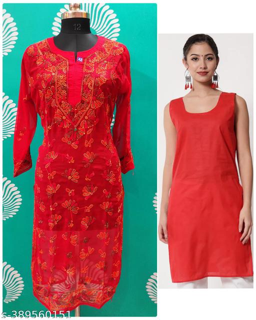 New & Fashionable Womens Handwork Chikankari Embroidered Georgette fabric Beautiful butterfly design Plus Size kurti with cotton inner.