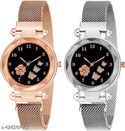 Black Flower Printed Dial Luxury Magnetic Strap Girls Analog Watch