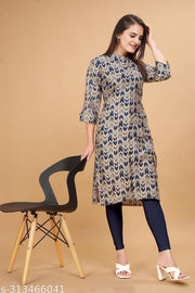 Womens Muslin 3/4 Sleeve Round Neck Calf Length Printed Kurti
