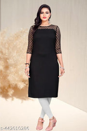 Casual American Crepe And Net Round-Neck 3/4 Length Sleeves Black Kurti (45"Inches)