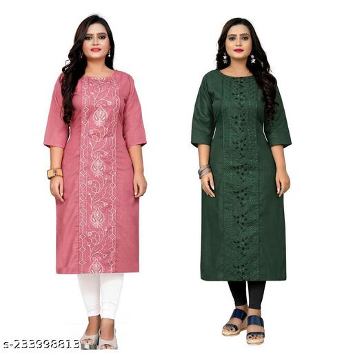 Cotton Blend Round Neck Embroidered Straight Kurta For women (DarkGreen,Pink) |Kurtas| (Pack of 2)