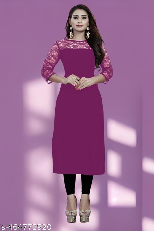 Casual American Crepe and Round Neck 3/4 Legnth Sleeve Wine Kurti (45"inches)