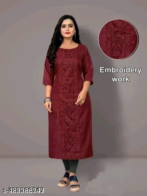 Women Cotton A-Line Embroidered Mustered Kurti