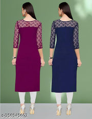 Polyster/Crepe fabric-Pack of 1 Casual And Round-Neck 3/4 Length Sleeves Wine & Navy Blue Kurti (42"Inches)