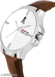Light House Analog Watch for Men & Boys | Silver Dial with Day & Date | Leather Strap | Stylish Daily Wear Watch
