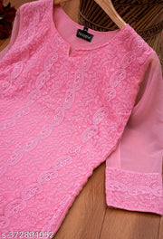 Women's Latest Georgette Chikankari Kurti With Sequince And Embroidered Work Kurta / Straight Plus Size Kurti /Pink Kurti For Women and Girls / Daily Wear Kurti / Office Wear Kurti