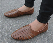 Brown Men's Laser Cut Fally Ethnic Criss Cross Slip On Juttis and Mojaris for Wedding|Party|Occasions|Fashion|Stylish|Outdoor|Indoor|Lightweight|Shoes with Anti Skid Sole