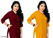 Trendy Attractive Traditional Women Solid A-Line Kurtis With Mandarin Collar, Show Button & Pocket (Pack of Two - Maroon & Yellow, Fits for Christmas Day & New Year 2026 Celebration)
