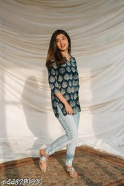 Printed Rayon Green Short Kurti For Girls and Women Fabric: Viscose Rayon