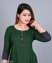Trendy Women's Solid Printed Round Flared Kurti (Dark Green)