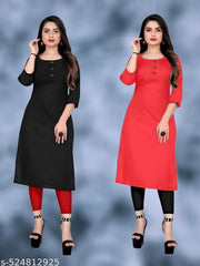 Plain Ethnic Pack of 2 American Regular Fit Kurta Round Neck New Stylish Casual Crepe Fabric Kurti For Women