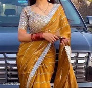 Elegant Women's Gold Silk Saree with Mirror Work and Blouse